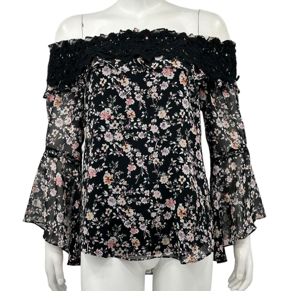 White House Black Market Top Womens Small Dark Floral Crochet Fairy Boho Garden